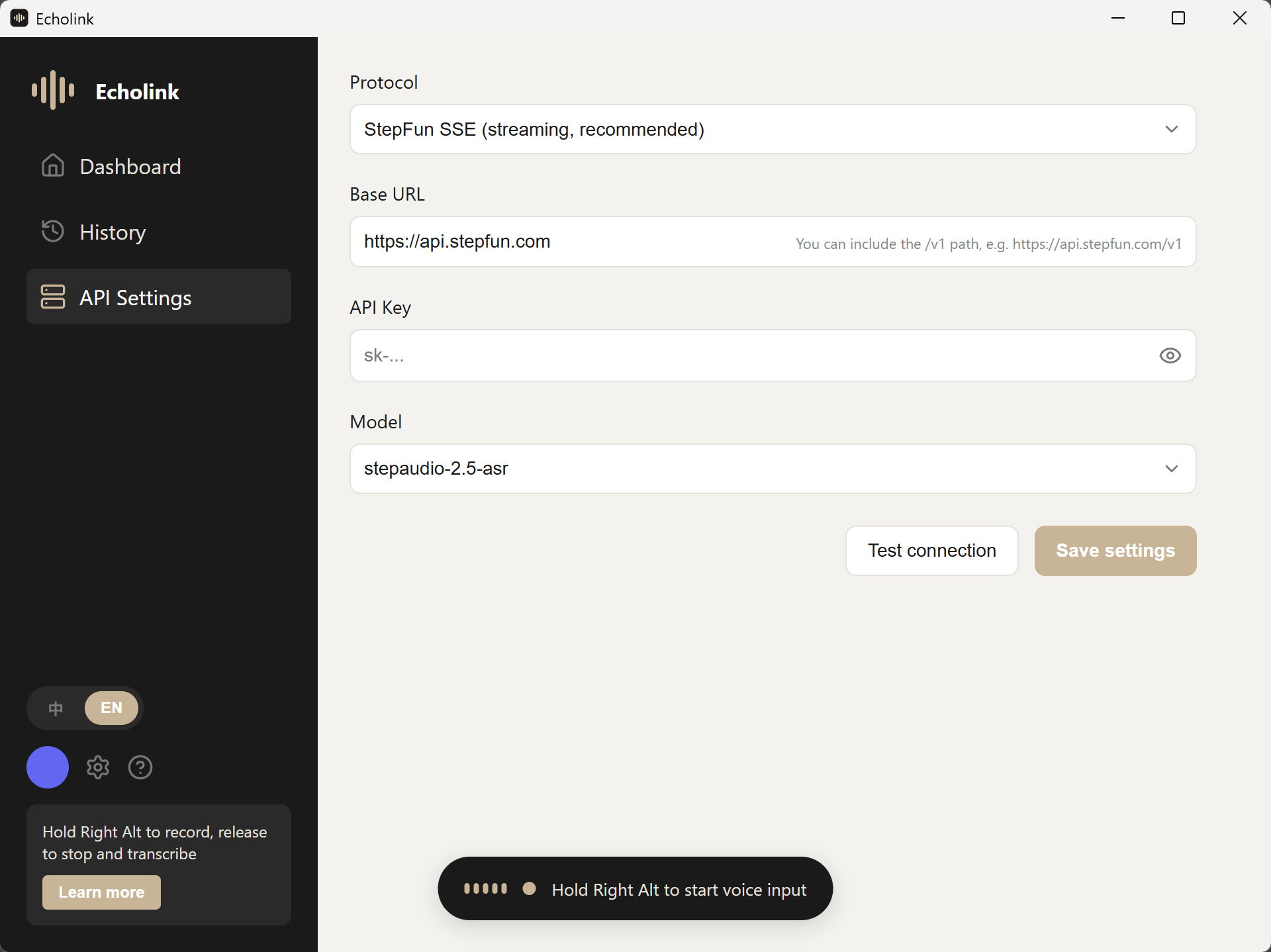 EchoLink API settings